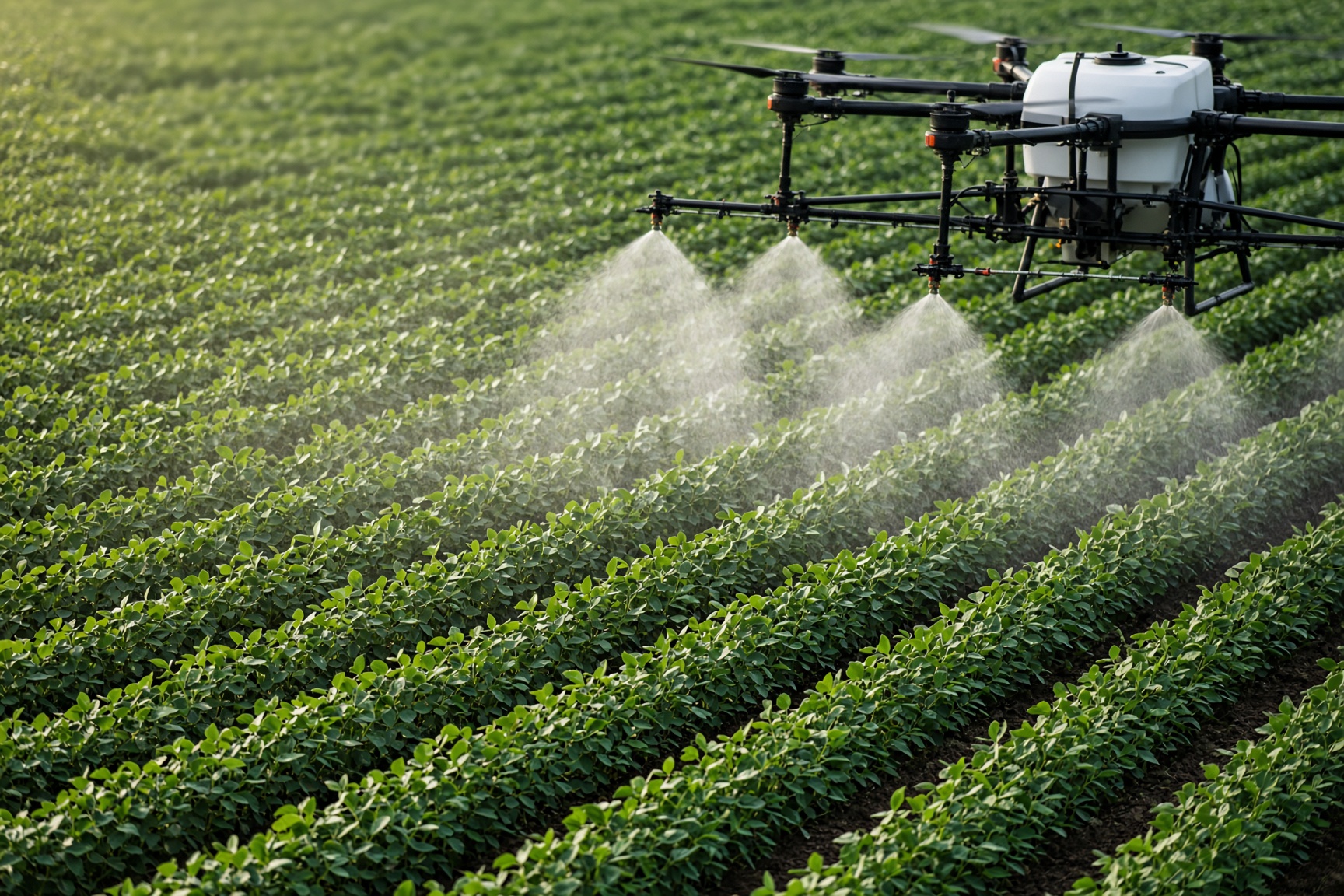 Close pass of a drone spraying soybean rows